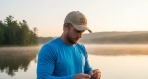 A Strategic Breakdown of Terminal Tackle: From Hooks to Rigs A focused angler in his early 30s wearing a sun shirt, sitting on a boat and meticulously assembling terminal tackle on a clear lake at sunrise.