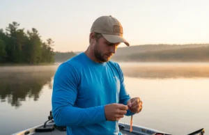 A Strategic Breakdown of Terminal Tackle: From Hooks to Rigs A focused angler in his early 30s wearing a sun shirt, sitting on a boat and meticulously assembling terminal tackle on a clear lake at sunrise.