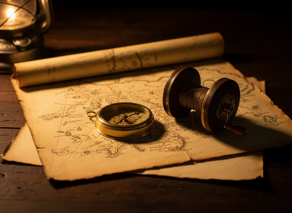 An antique nautical map on a wooden desk with a vintage brass compass and a 19th-century wooden fishing reel, lit by warm lantern light.