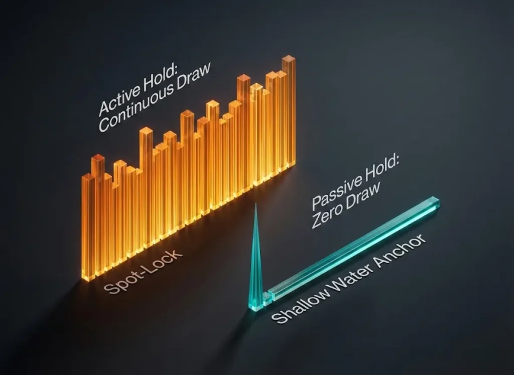 A sleek, high-end 3D comparative visualization showing the energy consumption over time between Spot-Lock trolling motors and Shallow Water Anchors. A high, fluctuating orange bar represents continuous active draw, while a blue line shows a brief spike followed by a flatline for passive mechanical hold.