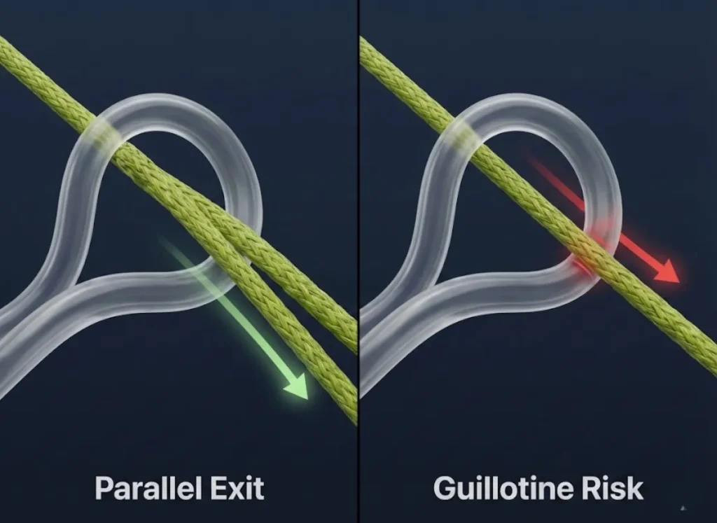 A high-definition 3D macro diagram of the Albright Knot, focusing on the loop connection. Visual cues highlight the tag end entering and exiting the loop in parallel to avoid the guillotine effect.