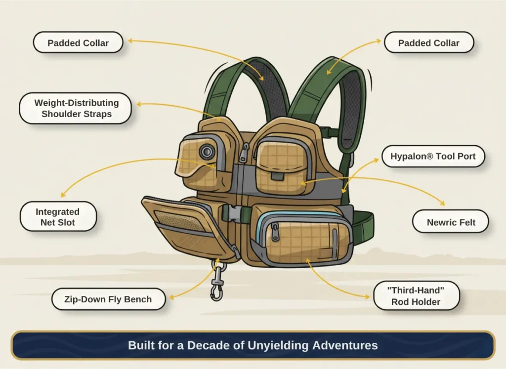 Infographic diagram illustrating the key materials and features of a durable fishing vest, with labeled callouts highlighting padded collar, weight-distributing shoulder straps, integrated net slot, Hypalon tool port, zip-down fly bench, and third-hand rod holder, in a clean vector style evoking outdoor adventure and rugged reliability.