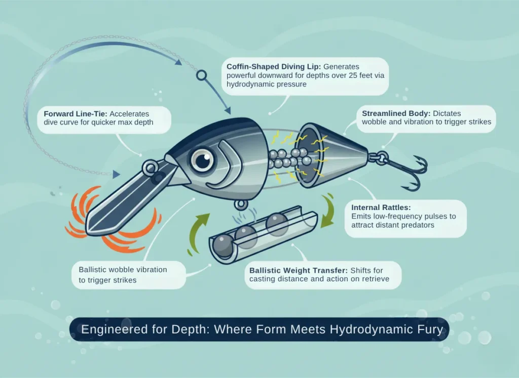 Educational infographic illustrating the anatomy of a deep-diving fishing lure, highlighting key components like the coffin-shaped diving lip, line tie, body, rattles, and weight transfer system with functional callouts for maximum depth and performance.