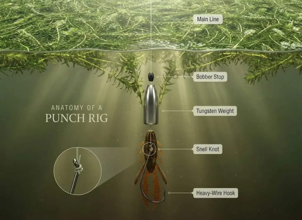 A detailed technical illustration of a bass fishing Punch Rig plunging through heavy aquatic vegetation. The infographic labels the main line, bobber stop, tungsten weight, snell knot, and heavy-wire hook attached to a streamlined creature bait.