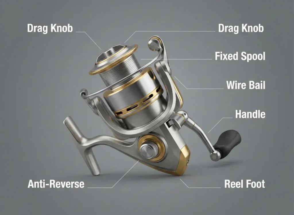 A high-definition, 3D technical illustration of a fishing spinning reel against a clean background, featuring elegant text labels identifying the Drag Knob, Spool, Bail, Handle, and Reel Foot.