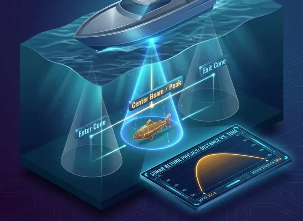 A sophisticated 3D cross-section diagram showing a boat moving over a fish. Lines connect the fish's position entering, centering, and exiting the sonar cone to the corresponding start, peak, and end of a hyperbolic arch displayed on a digital screen below.