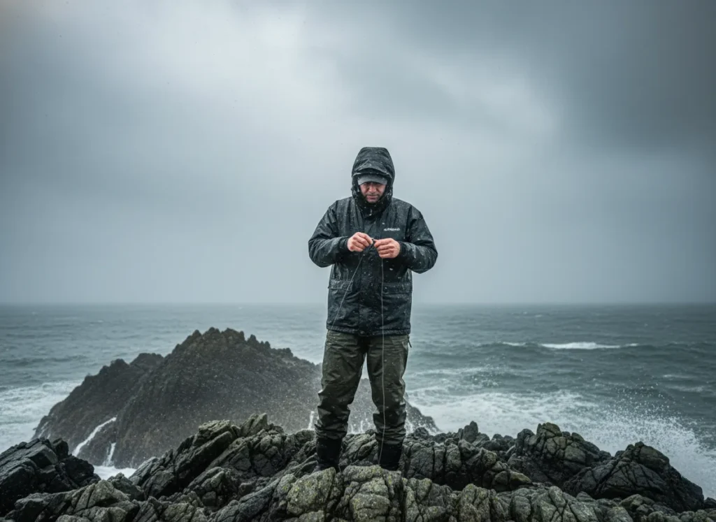 An angler on a rocky coast checking their fishing knot during windy and overcast weather.