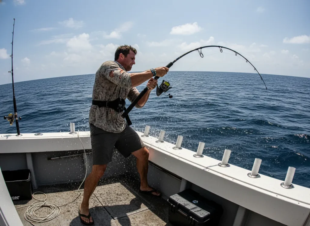 An angler on a boat reeling in a fishing line from deep water with a heavily bent rod.