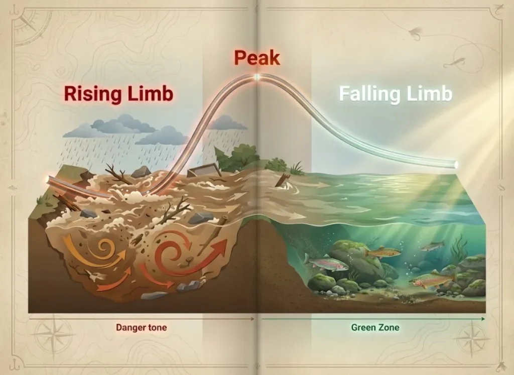 A stylized 3D infographic illustrating a river hydrograph. The left side shows a chaotic, muddy river labeled "Rising Limb," transitioning to a high "Peak," and finally settling into a clear, green-tinted river labeled "Falling Limb" and "Green Zone" with visible fish.