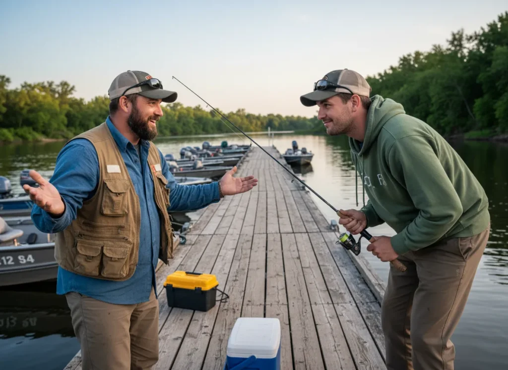 Two anglers talking and sharing fishing stories on a dock.