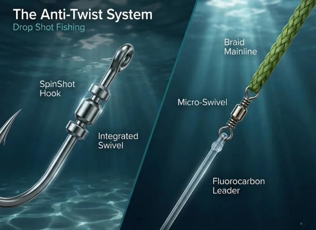 A split-view technical infographic illustrating two methods to prevent fishing line twist. Left side: A close-up of a VMC SpinShot hook with an integrated swivel. Right side: A rigging diagram showing a braid mainline connected to a fluorocarbon leader via a micro-swivel.