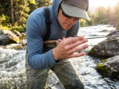 Aquatic Insects for Fishing: ID, Life Cycles & Flies A fly fisherman examining a mayfly on his finger while standing in a rushing river during sunset.