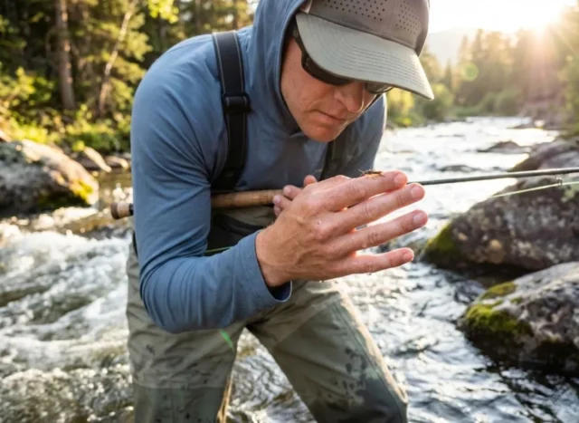 aquatic-insects-fishing-guide-hero A fly fisherman examining a mayfly on his finger while standing in a rushing river during sunset.