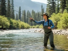Aquatic Insects for Fishing: The Definitive Guide A beautiful woman in waders stands in a clear river, fly fishing with a focused expression amidst a scenic landscape.