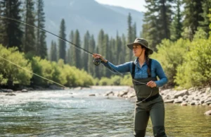 Aquatic Insects for Fishing: The Definitive Guide A beautiful woman in waders stands in a clear river, fly fishing with a focused expression amidst a scenic landscape.
