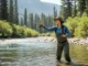 Aquatic Insects for Fishing: The Definitive Guide A beautiful woman in waders stands in a clear river, fly fishing with a focused expression amidst a scenic landscape.