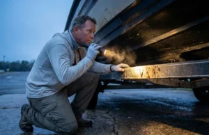 Aquatic Invasive Species: The Angler’s Field Guide An angler kneeling at a boat ramp inspecting a boat trailer for invasive species with a flashlight.