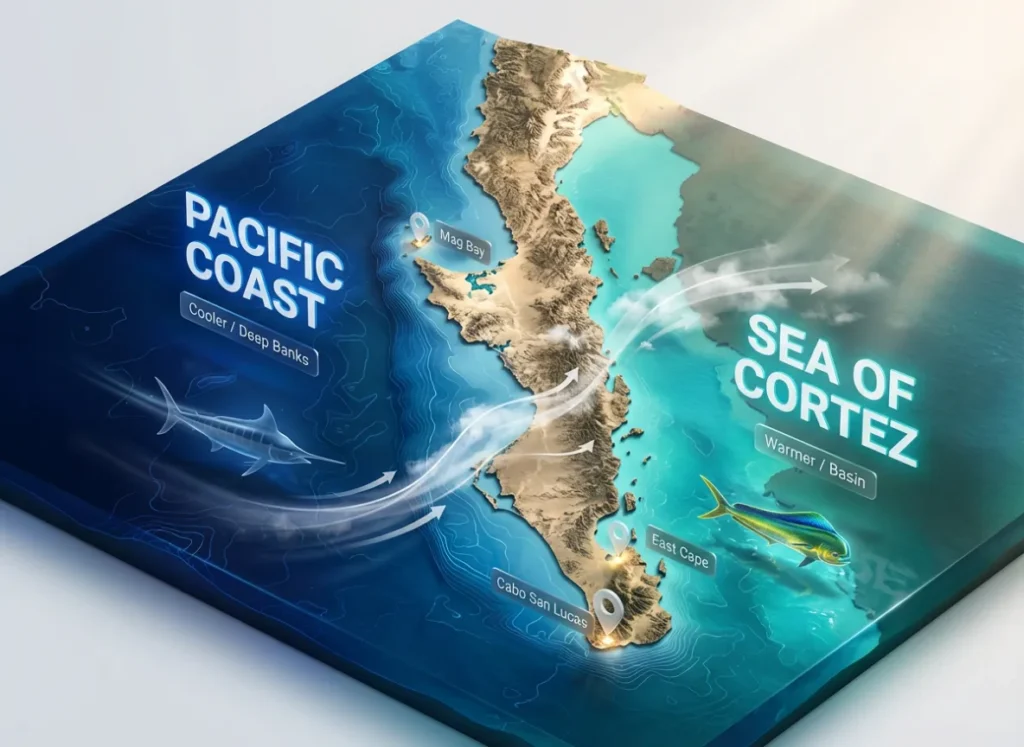 A stunning 3D isometric relief map of the Baja Peninsula comparing the deep blue Pacific Coast with the turquoise Sea of Cortez. Visualizations include stylized fish silhouettes (Marlin vs. Dorado), wind flow lines, and floating text labels highlighting key fishing zones and temperature differences.
