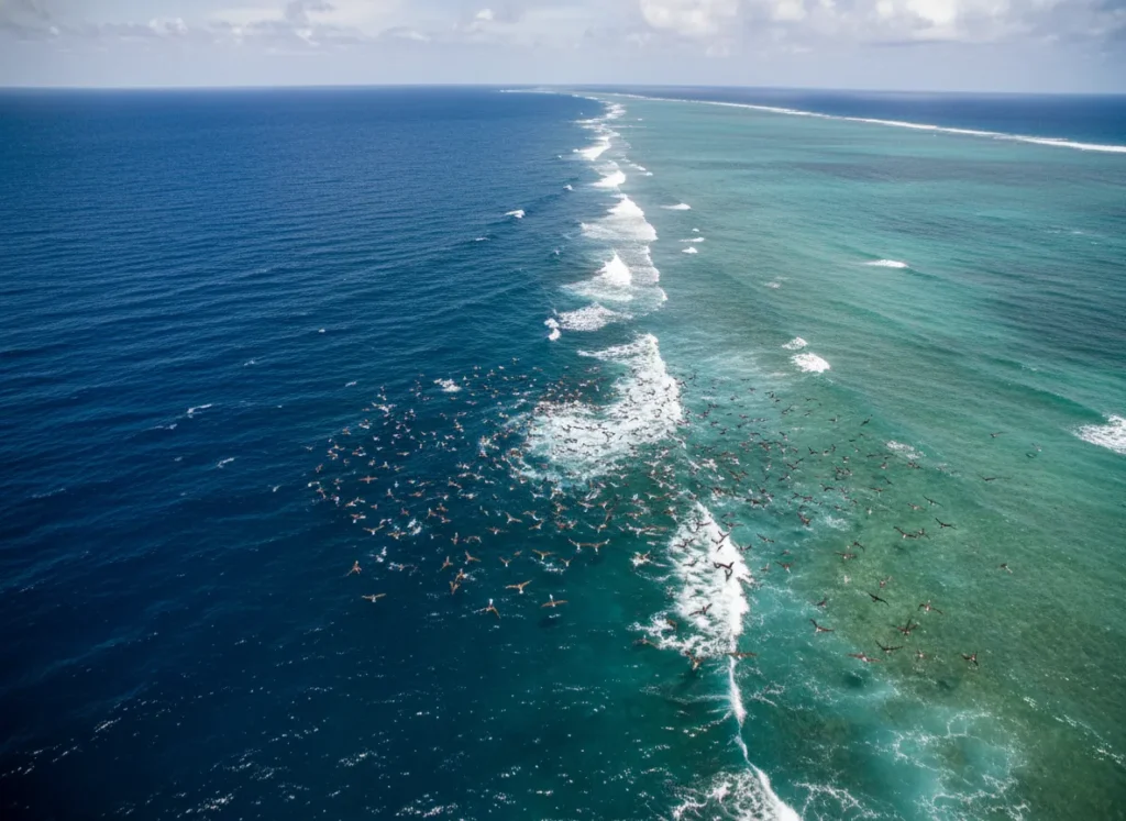 Aerial view of a thermal front in the ocean where blue and green water collide, with frigate birds diving.