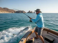 Baja Offshore Fishing: A Step-by-Step Angler’s Guide A man in his 30s wearing a sun shirt and sunglasses fights a fish on a boat during an offshore fishing trip in Baja.
