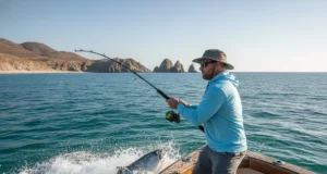 Baja Offshore Fishing: A Step-by-Step Angler’s Guide A man in his 30s wearing a sun shirt and sunglasses fights a fish on a boat during an offshore fishing trip in Baja.