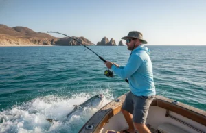 Baja Offshore Fishing: A Step-by-Step Angler’s Guide A man in his 30s wearing a sun shirt and sunglasses fights a fish on a boat during an offshore fishing trip in Baja.