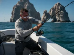 Baja Offshore Fishing: Seasons, Gear & Strategy Angler fighting a large fish from a panga boat near the Land's End arch in Cabo San Lucas.