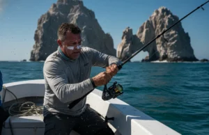 Baja Offshore Fishing: Seasons, Gear & Strategy Angler fighting a large fish from a panga boat near the Land's End arch in Cabo San Lucas.