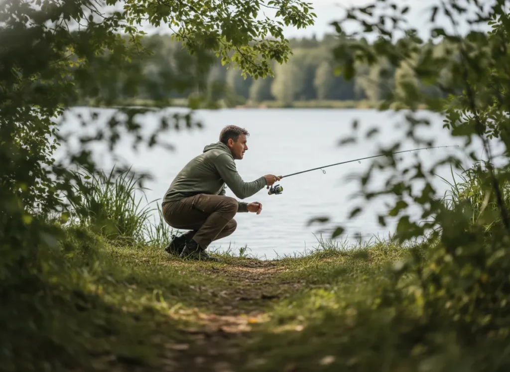 Angler crouching low behind bank vegetation to avoid spooking fish with vibrations or shadows.