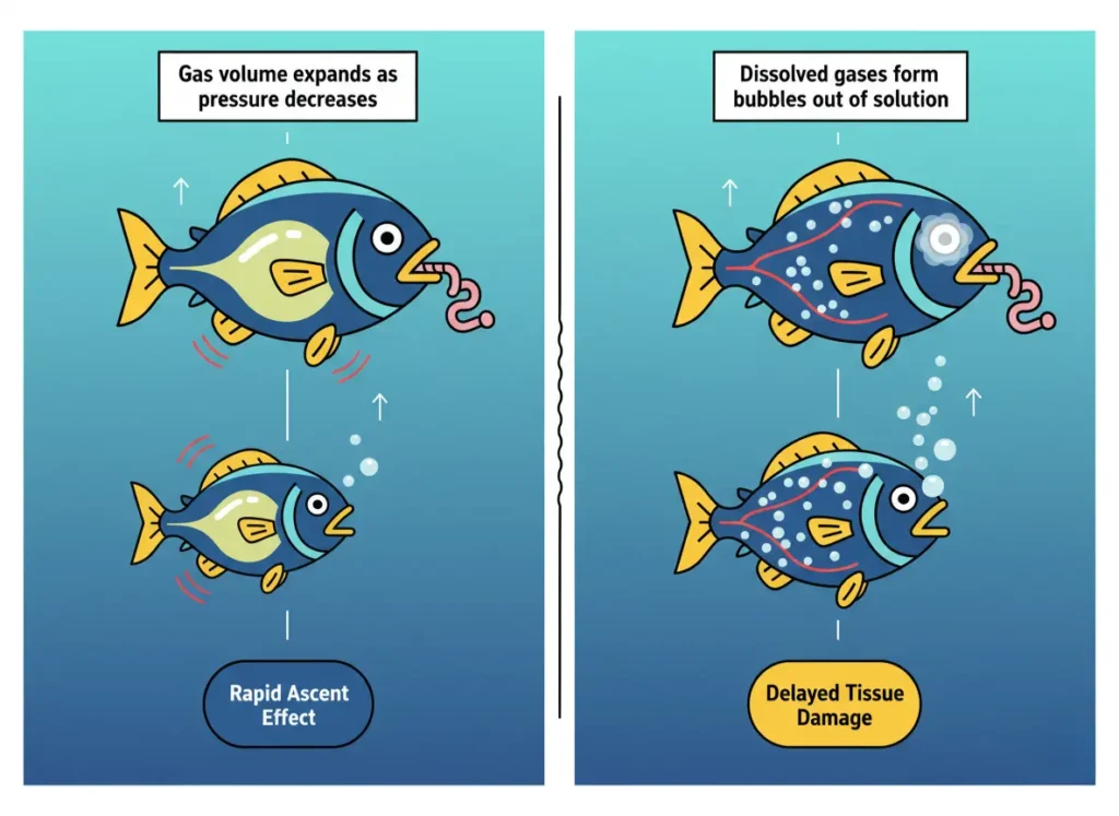 Infographic showing barotrauma in fish during ascent, with side-by-side panels illustrating gas expansion in the buoyancy organ per Boyle's Law and bubble formation in blood and tissues per Henry's Law, in a modern explainer cartoon style.