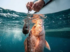 Barotrauma in Fish: The Ultimate Survival Guide An underwater split shot of a Red Snapper being released with a descending device by an angler.