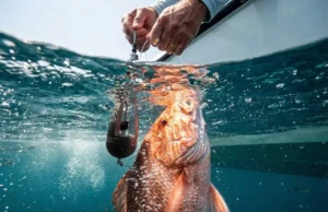 Barotrauma in Fish: The Ultimate Survival Guide An underwater split shot of a Red Snapper being released with a descending device by an angler.