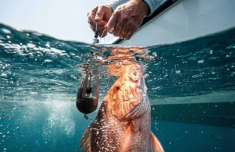 Barotrauma in Fish: The Ultimate Survival Guide An underwater split shot of a Red Snapper being released with a descending device by an angler.