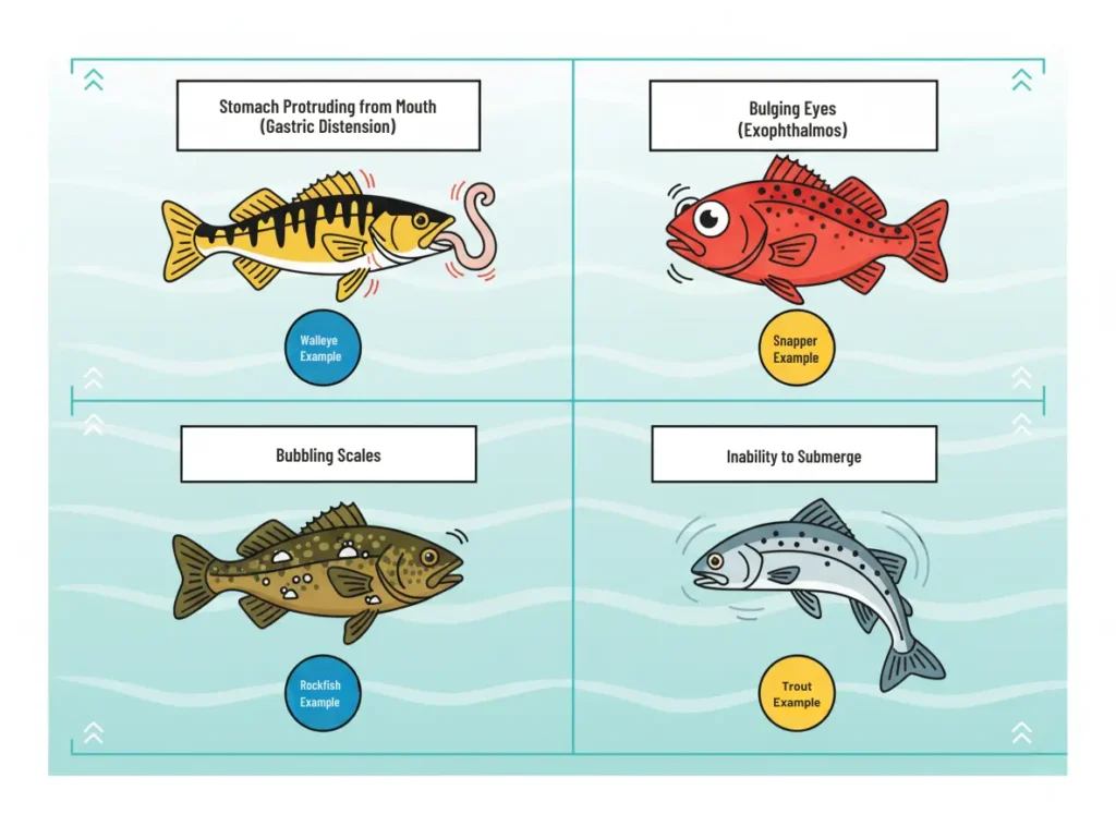 Infographic gallery illustrating four key visual signs of barotrauma in fish, featuring cartoon depictions of gastric distension in a walleye, bulging eyes in a red snapper, bubbling scales in a rockfish, and inability to submerge in a trout, with labels in contained text boxes, in a modern explainer cartoon style.