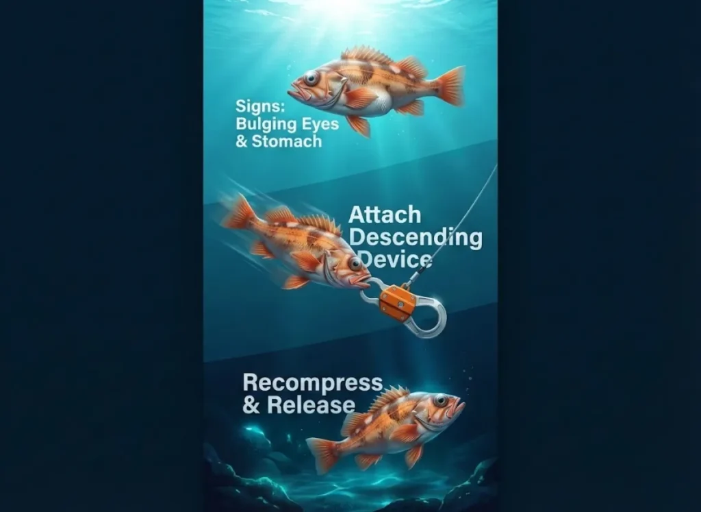 A 3-step educational infographic illustrating how to treat barotrauma in deep-water fish. The visual shows the symptoms of barotrauma, the attachment of a descending device, and the successful recompression of the fish at depth.