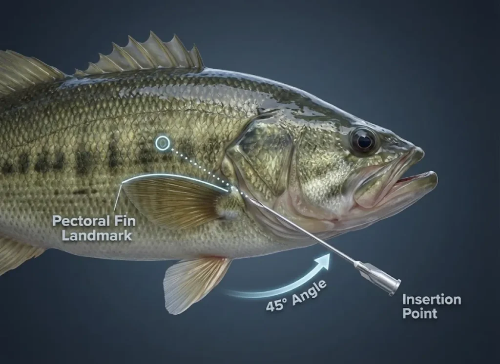 A high-definition anatomical illustration of a Largemouth Bass showing the correct needle insertion point for venting barotrauma, highlighting the pectoral fin and a 45-degree angle.