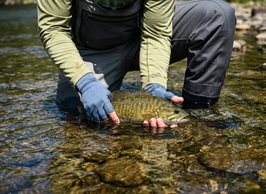 A Smallmouth Bass being released into a clear river, its pattern blending perfectly with the rocks on the bottom.