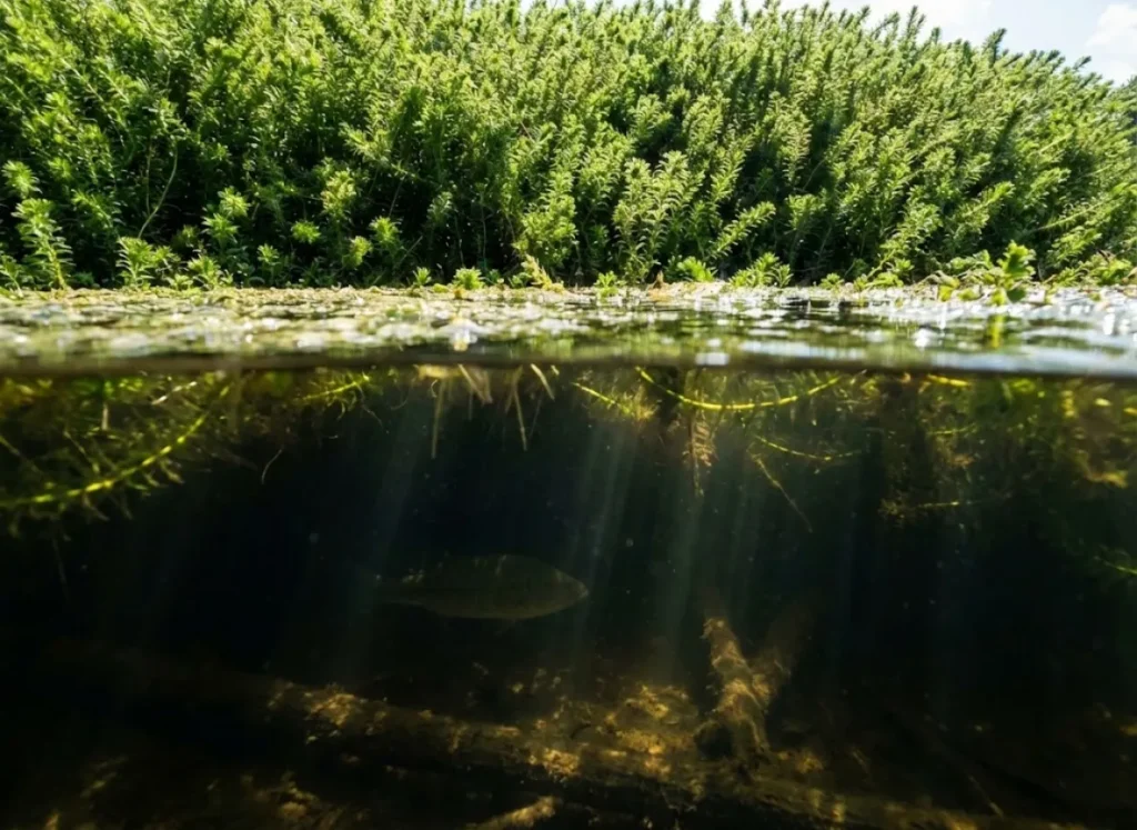 Split level underwater shot showing thick grass mats above and a bass hiding in the shadows below.
