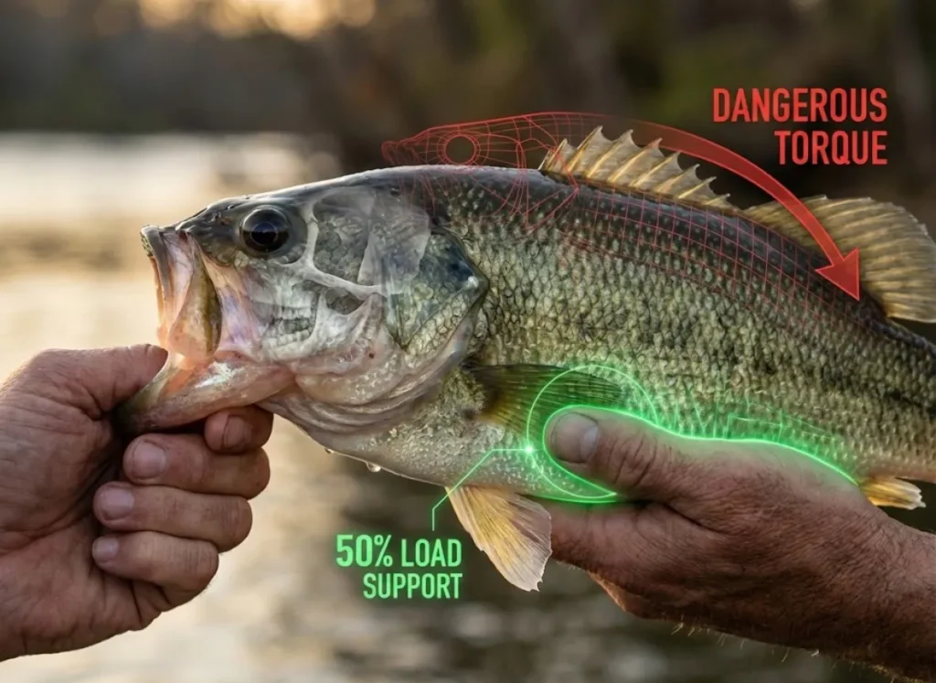 A high-definition educational illustration of a Largemouth Bass held horizontally. The image uses a split-style or augmented reality effect to show the skeletal structure of the jaw, highlighting the stress points of a "Jaw Jacker" hold versus the safety of the "Two-Handed Horizontal Hold" with green support zones under the belly.