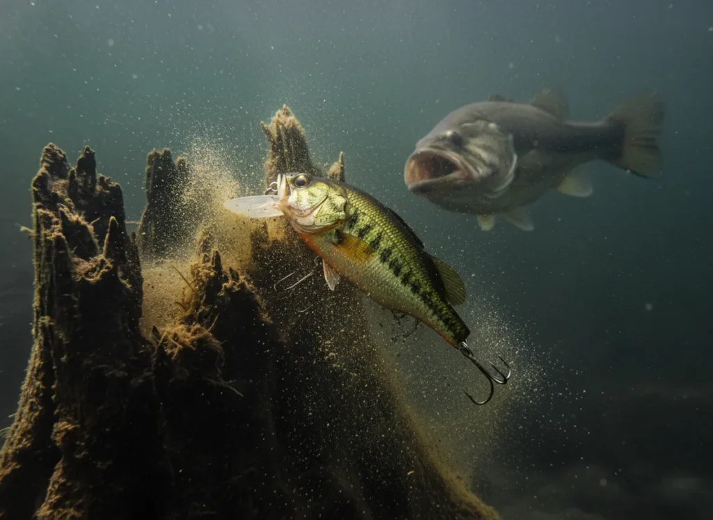 Underwater view of a crankbait hitting a rock and deflecting, with a bass approaching in the background.