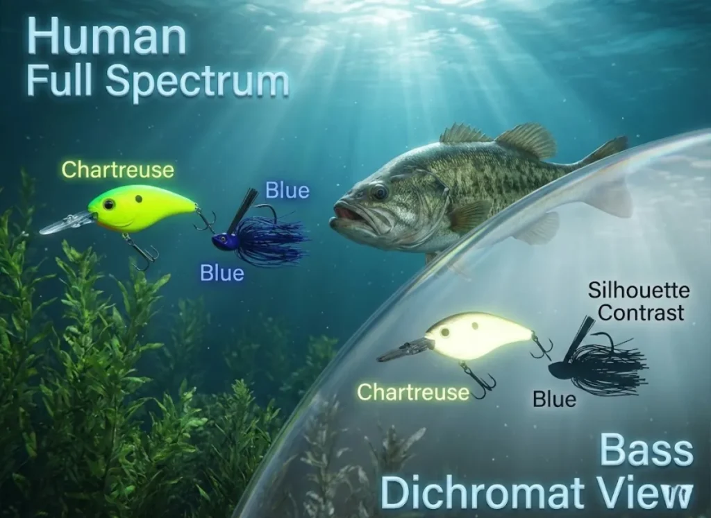 A split-spectrum underwater visualization showing a Largemouth Bass approaching two fishing lures. The top half displays "Human Vision" with vibrant Chartreuse and Blue colors, while the bottom half simulates "Bass Dichromat Vision," showing the Chartreuse as high-luminance pale yellow and the Blue as a dark silhouette, demonstrating contrast selection.