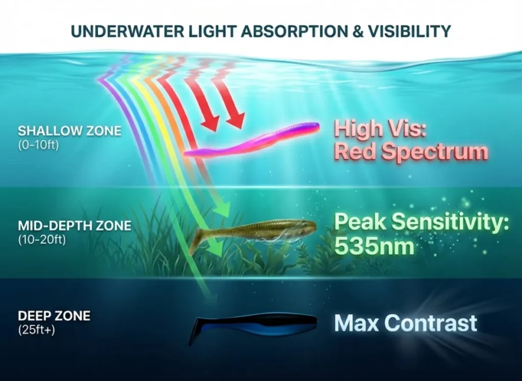 A vertical cross-section infographic of a lake showing water depth gradients. It illustrates how red light wavelengths fade in shallow water while green penetrates deeper. Three fishing lures are shown at different depths: a pink worm shallow, a green pumpkin worm mid-depth, and a black worm deep, demonstrating bass vision contrast principles.