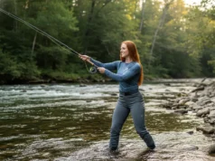 Beginner Fly Rod & Reel: A Casting Coach’s Guide A beautiful redhead woman in waders casting a fly rod in a scenic mountain river.