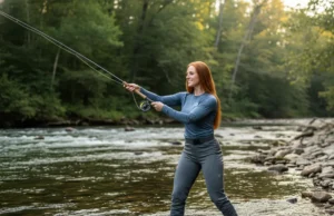 Beginner Fly Rod & Reel: A Casting Coach’s Guide A beautiful redhead woman in waders casting a fly rod in a scenic mountain river.