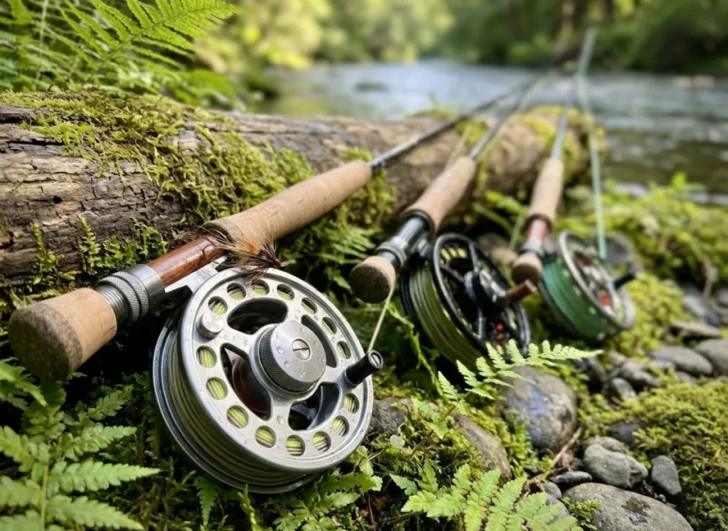 Three fly fishing rod and reel kits leaning against a log on a riverbank.