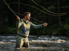 Best Beginner Fly Rod and Reel: Top Kits for Skill Growth An angler casting a yellow fly line in a river with a tight loop during sunset.