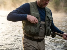 Best Fishing Vest 2026: Top Picks & Pocket Loadouts Angler standing in a river at sunrise wearing a technical fishing vest and accessing gear.