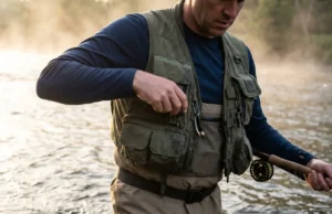 Best Fishing Vest 2026: Top Picks & Pocket Loadouts Angler standing in a river at sunrise wearing a technical fishing vest and accessing gear.