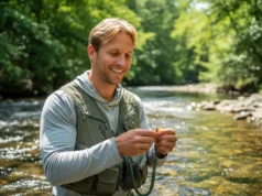 Best Fishing Vest: Tested for Skill & Sustainable Angling A man in his early 30s wearing a fishing vest stands in a river and adjusts his gear, smiling confidently.