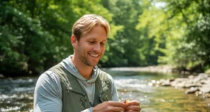 Best Fishing Vest: Tested for Skill & Sustainable Angling A man in his early 30s wearing a fishing vest stands in a river and adjusts his gear, smiling confidently.